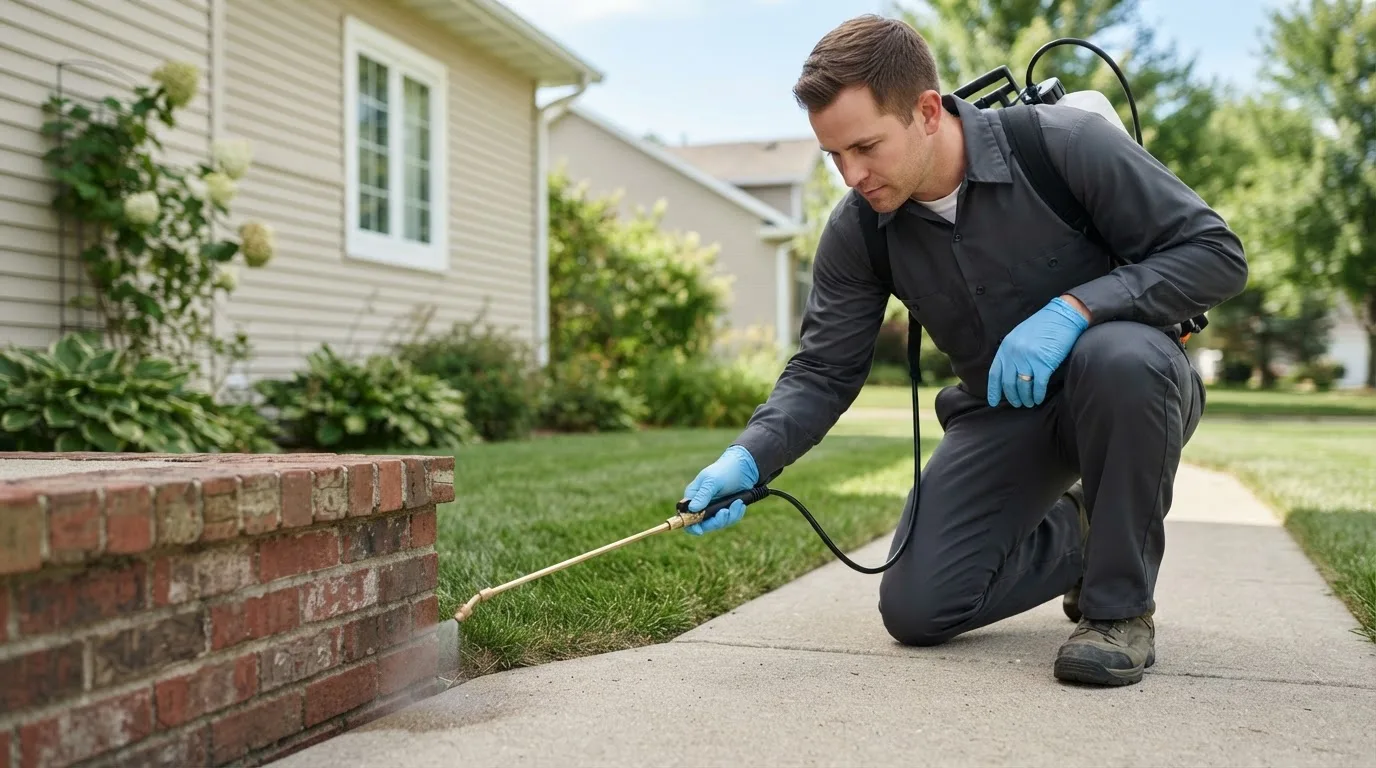 Pest control technician treating a home near Freeport, OH