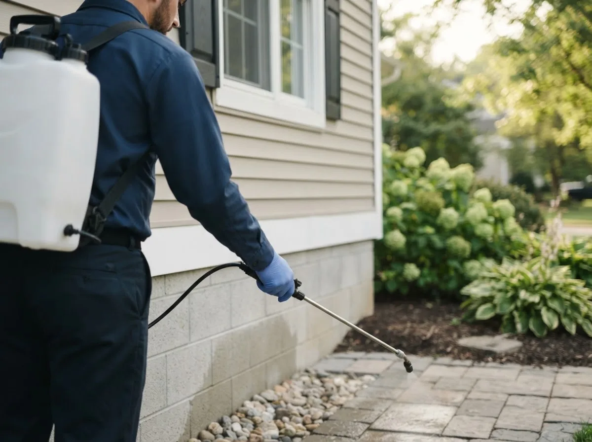 Pest control technician inspecting a home in Freeport, OH